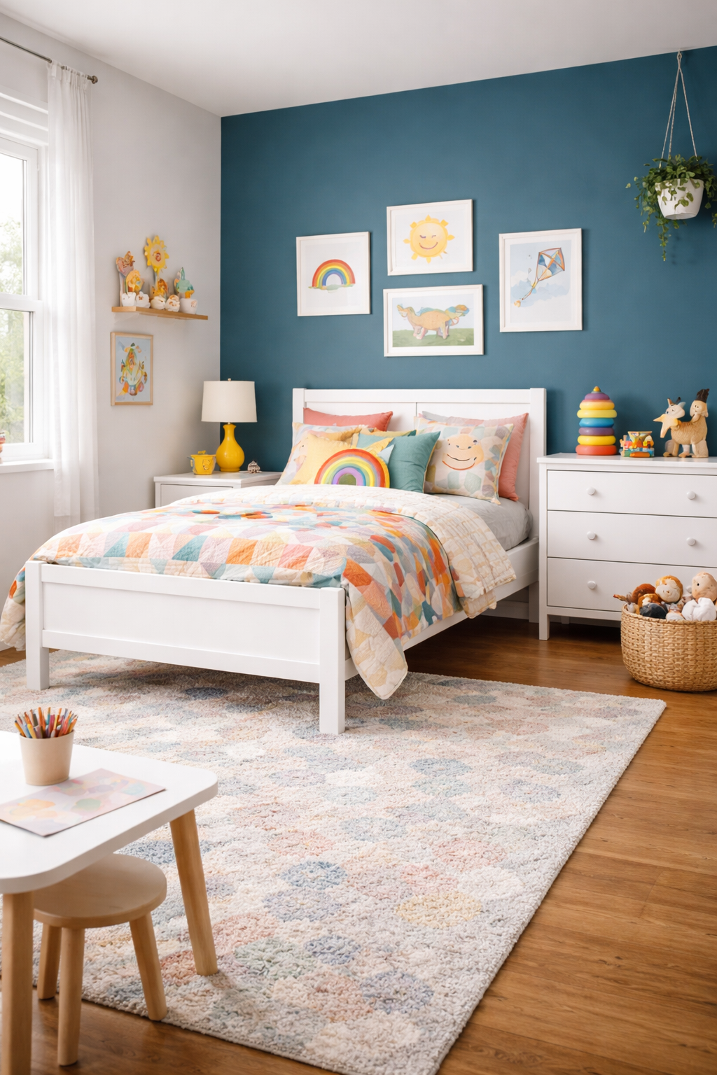 Kids bedroom with bold teal accent wall behind white bed and colorful geometric bedding