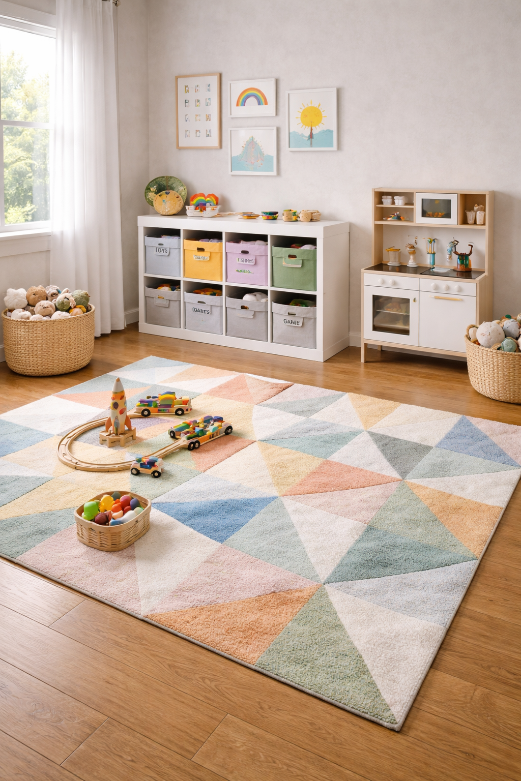 Kids bedroom with large colorful geometric area rug anchoring a neat play zone with toys