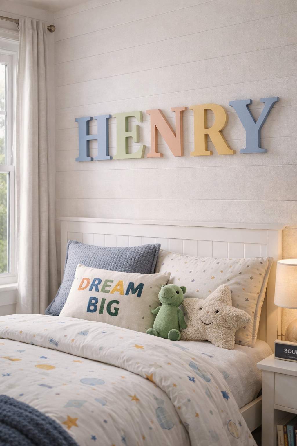 Kids bedroom with large pastel wooden name letters displayed above the bed on white wall.