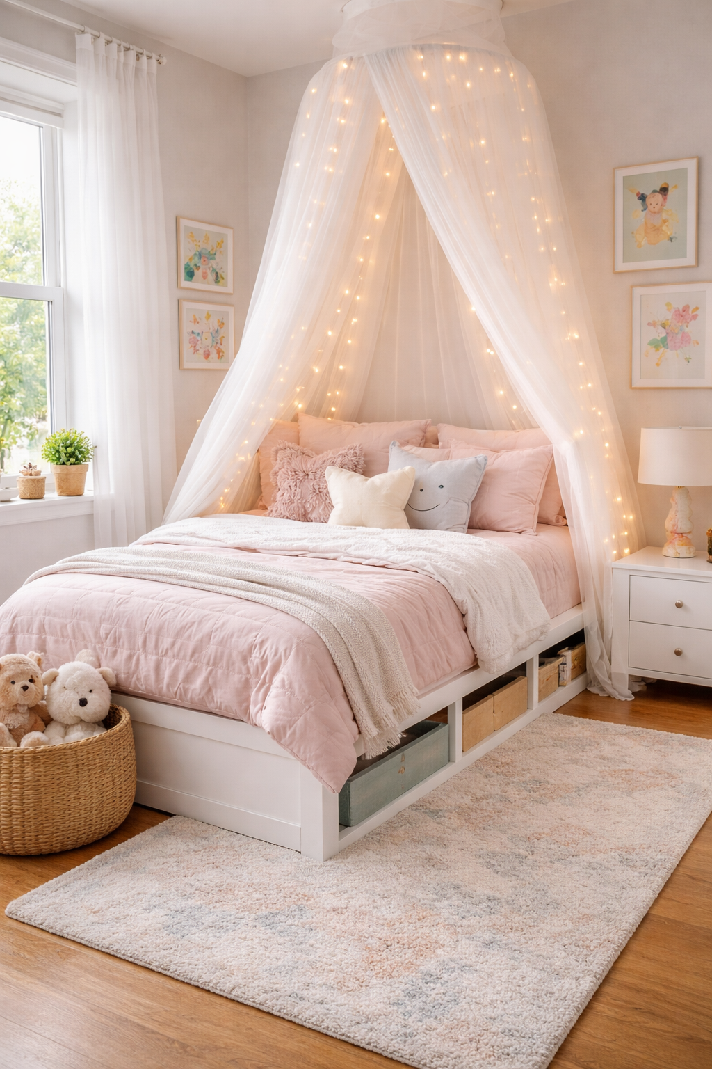 Kids bedroom with white sheer canopy over twin bed with fairy lights and soft pink bedding