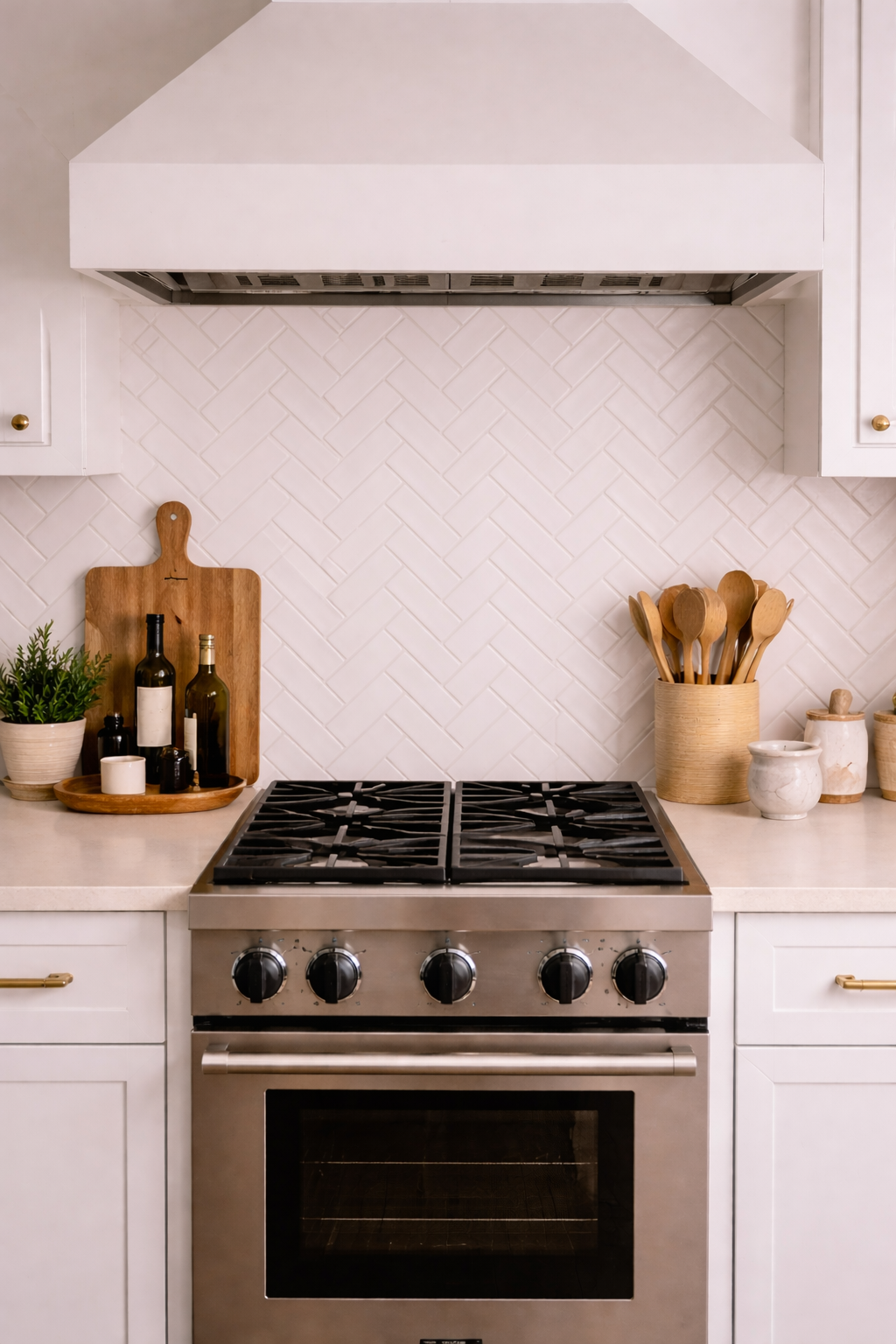Kitchen backsplash with white subway tile in herringbone pattern behind stove and counter with clean grout lines