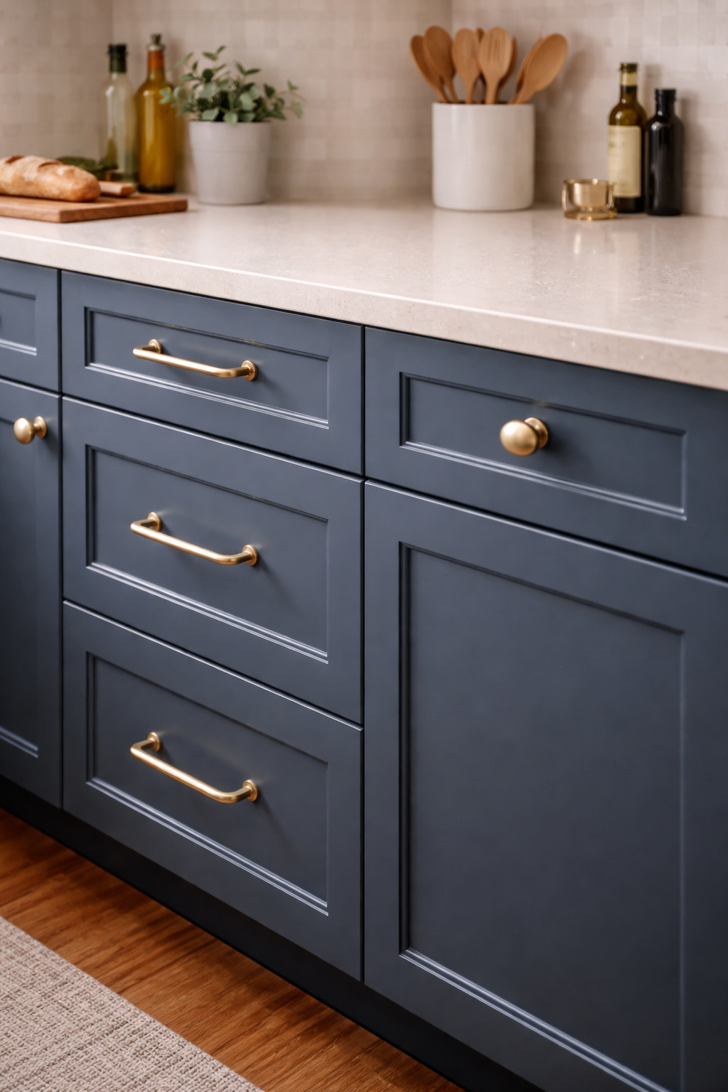 Kitchen cabinets with new brushed brass hardware pulls and knobs against white cabinet fronts - Kitchen Ideas