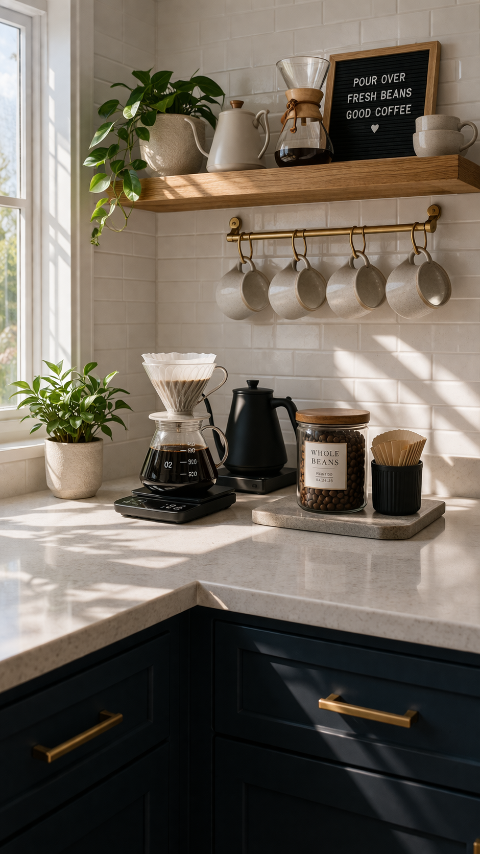 Kitchen corner with styled coffee station including pour-over equipment, coffee bean canister, mugs, and small plant