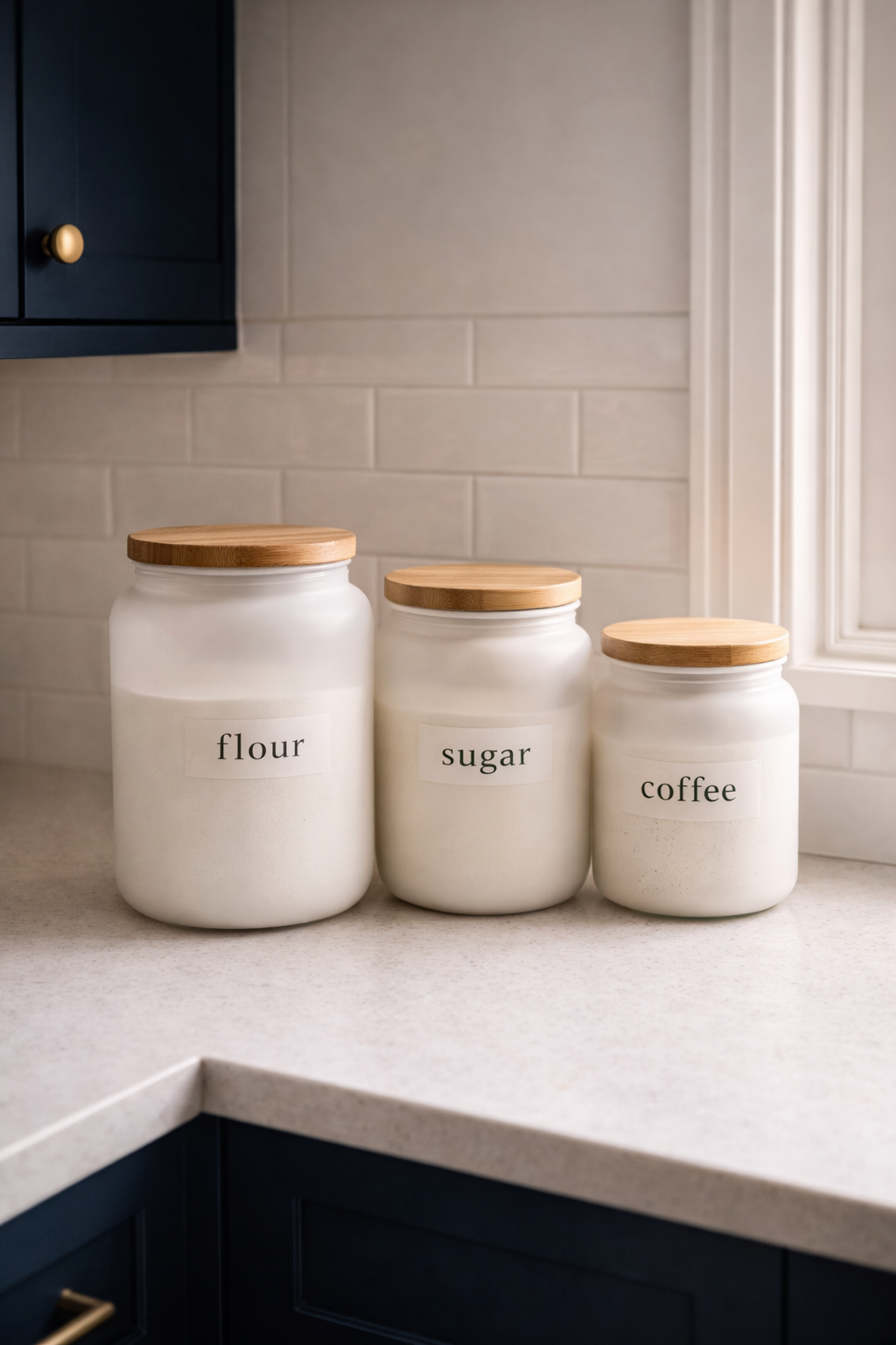 Kitchen counter with matching matte white ceramic canister set labeled for flour, sugar, and coffee