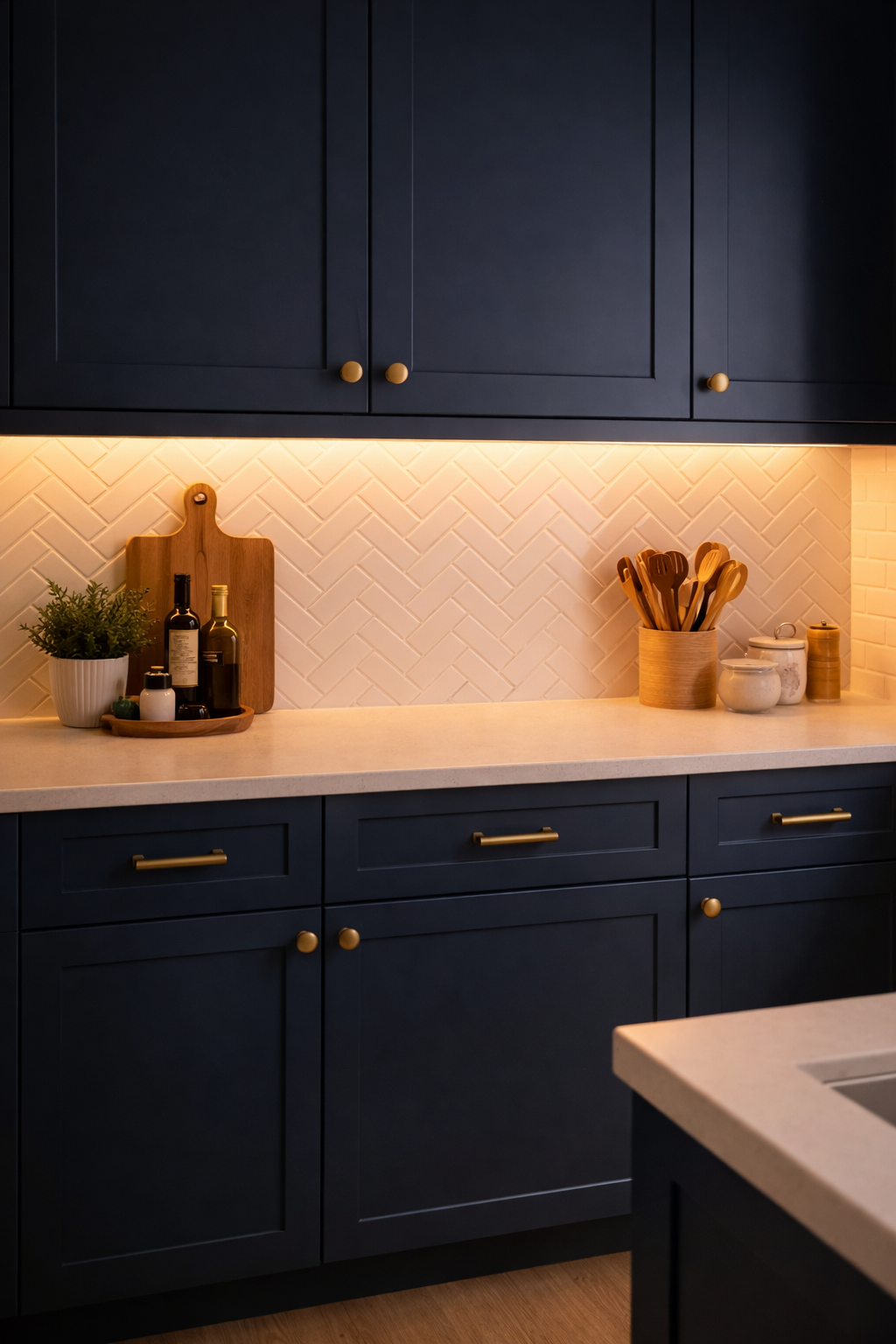 Kitchen counter with warm under-cabinet LED strip lights creating a glowing accent along the backsplash