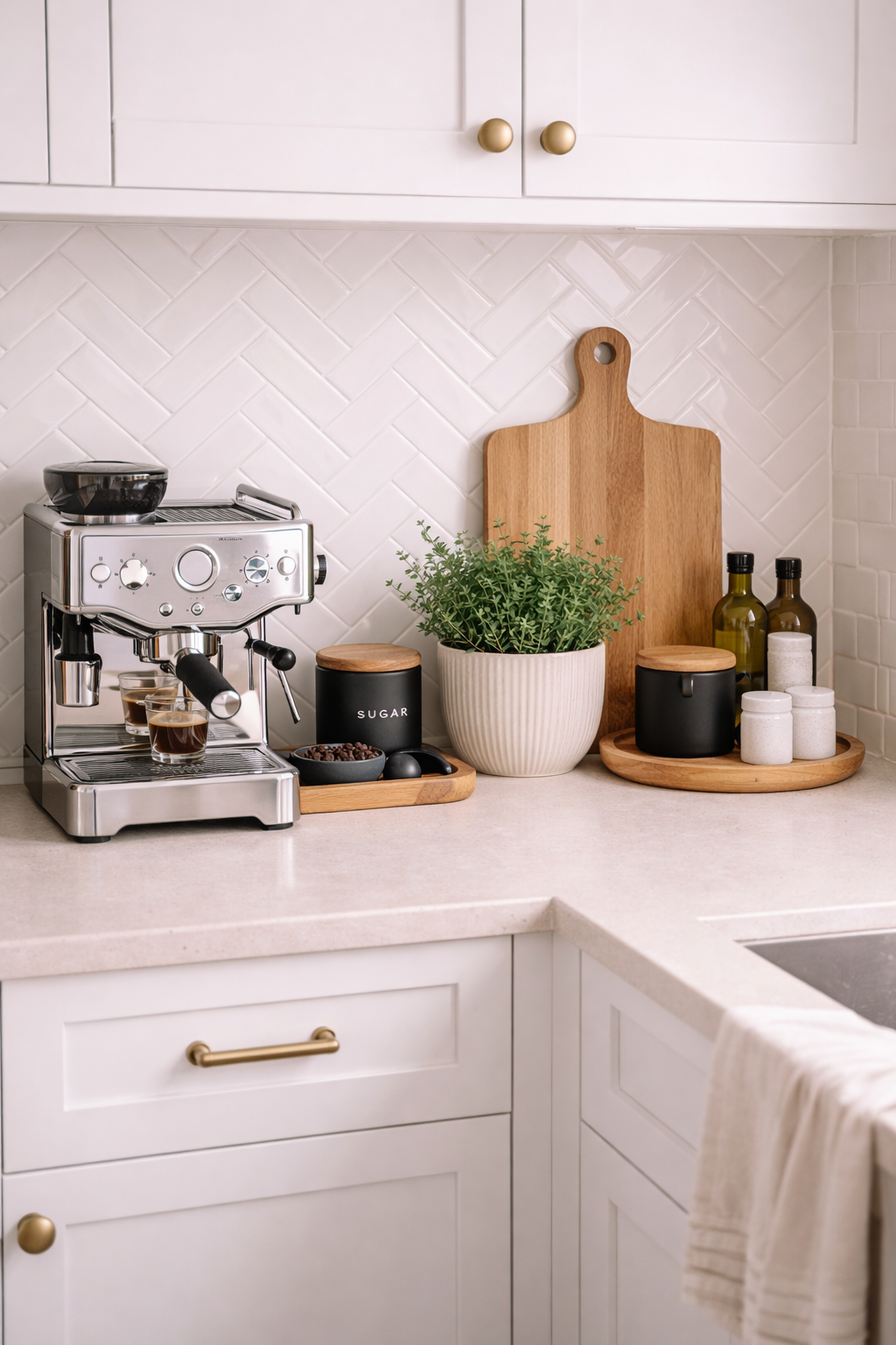 Kitchen counter organized into intentional groupings with coffee station, cutting board, and small herb plant.