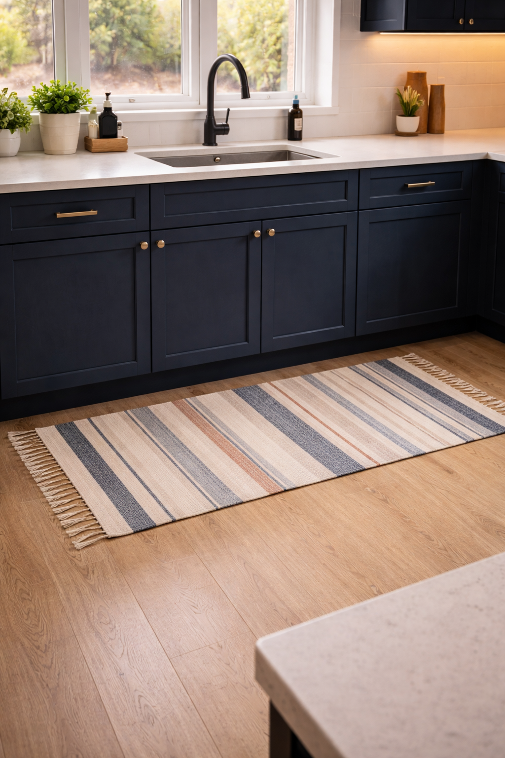 Kitchen floor with patterned runner rug in front of sink and work area adding color and warmth to hard floors