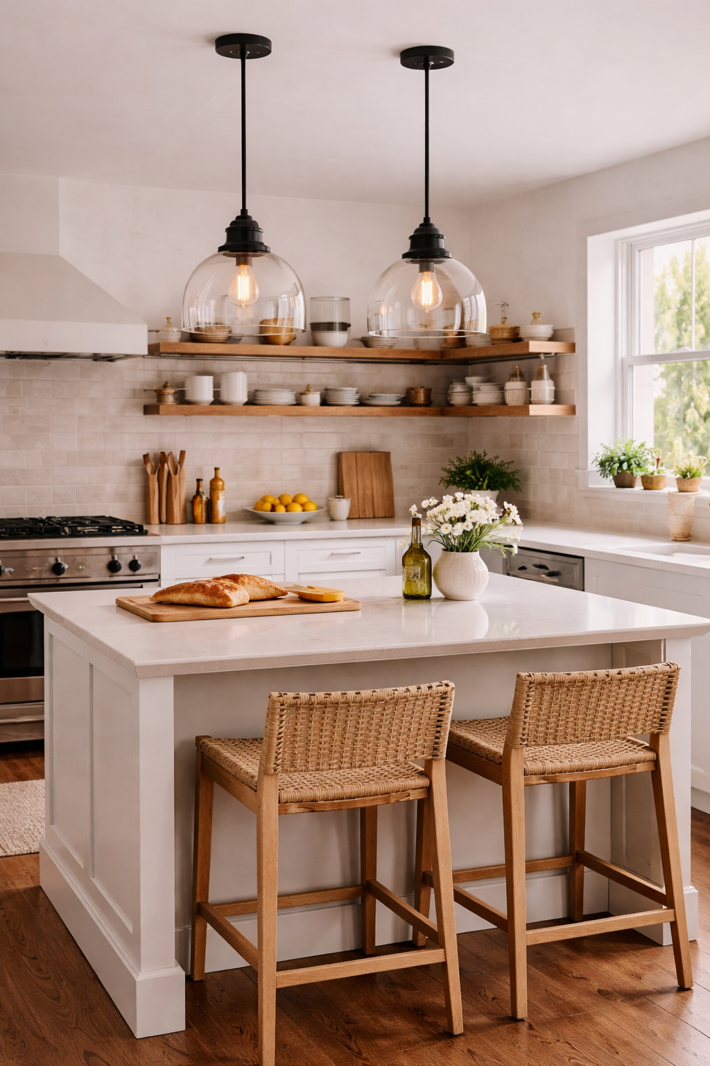 Kitchen island with three matching brass pendant lights hanging above creating defined task lighting and visual warmth.
