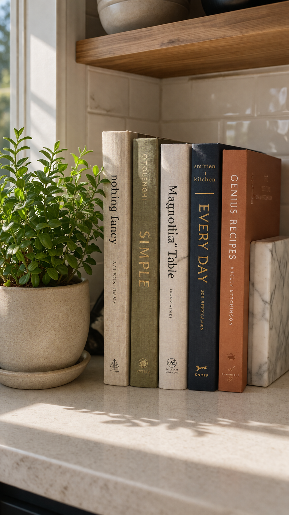 Kitchen shelf with beautiful cookbooks displayed upright with spines out next to a small plant