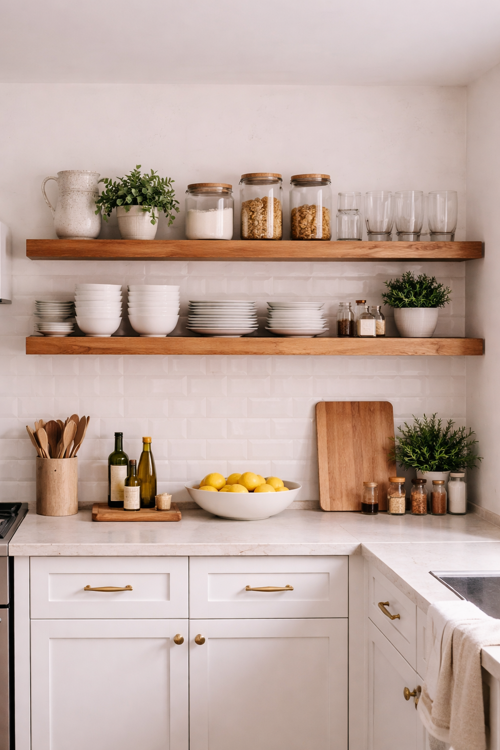 Kitchen wall with two floating wood shelves styled with dishes, plants, and organized spice jars