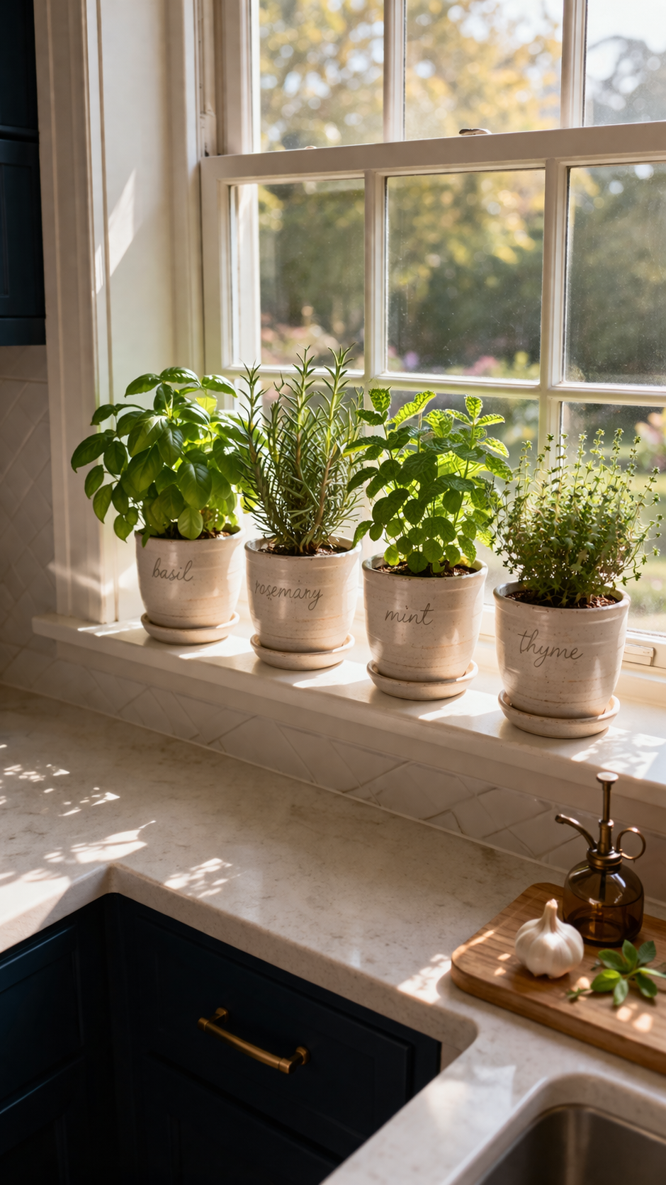 Kitchen windowsill with matching terracotta herb pots growing basil, rosemary, mint, and thyme in warm natural light