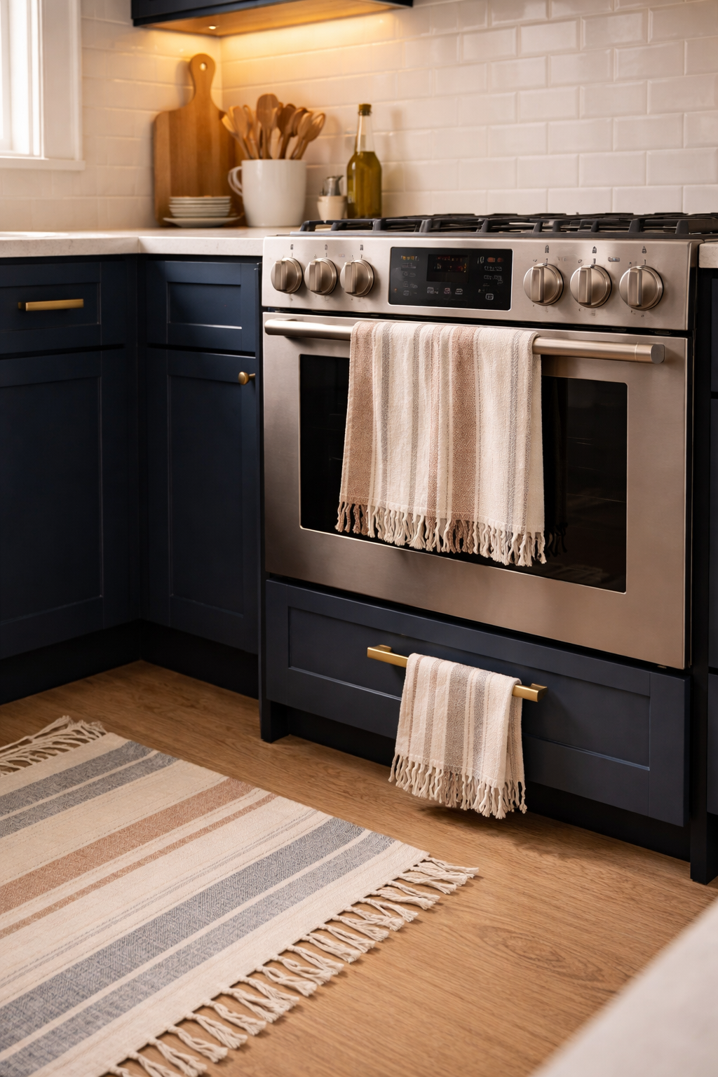 Kitchen with beautiful linen dish towels hanging from oven handle and drawer pull in warm neutral stripes.