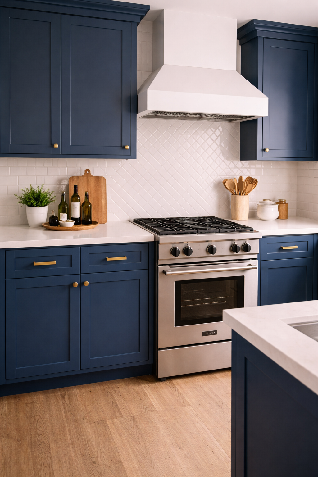 Kitchen with freshly painted cabinets in navy blue with new hardware showing dramatic transformation