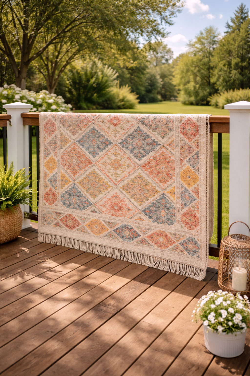 Large clean area rug hanging over a fence or deck railing drying in bright natural sunlight