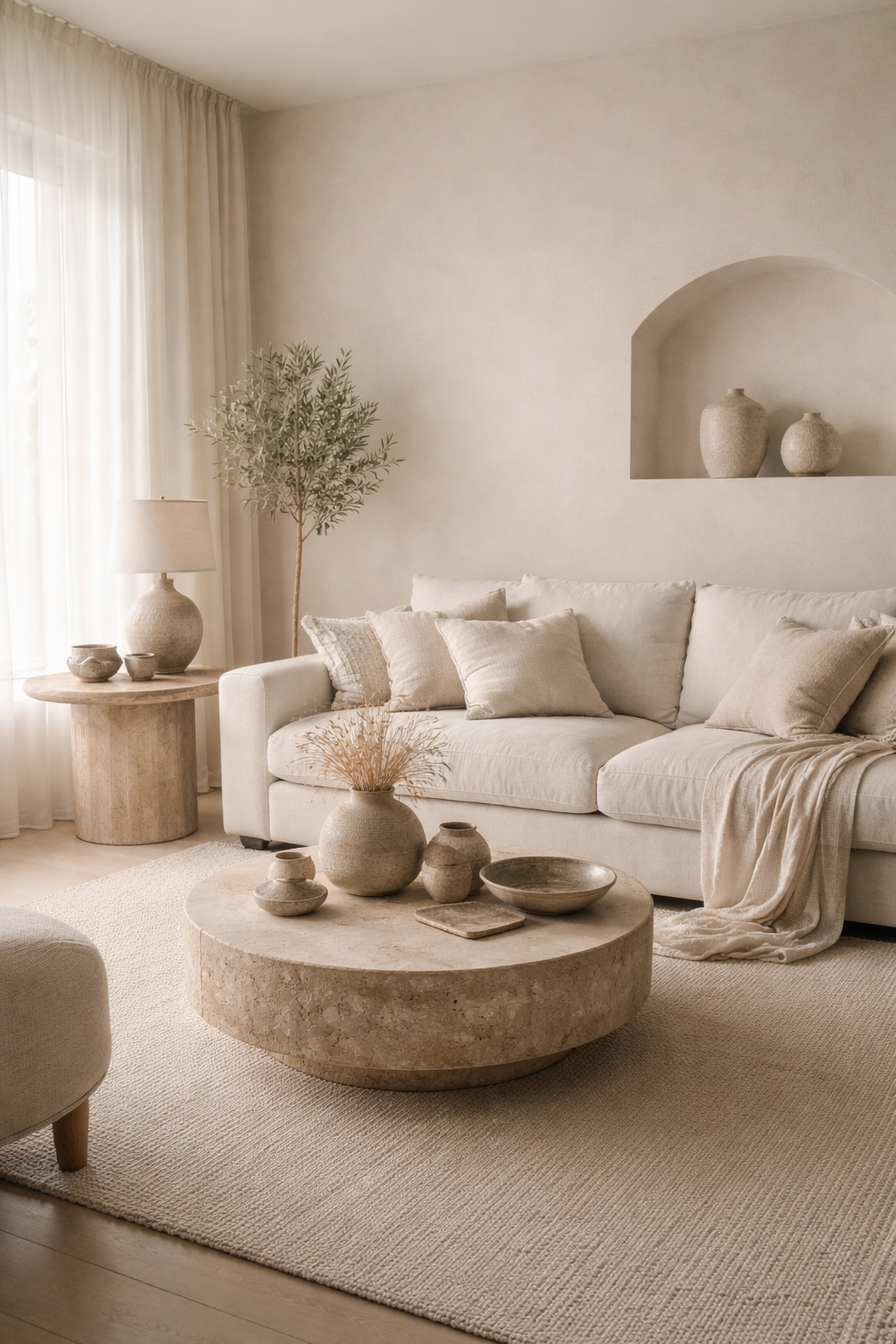 Beige Living Room Ideas - Layered neutral beige living room with linen sofa, oatmeal rug, and raw ceramic vases