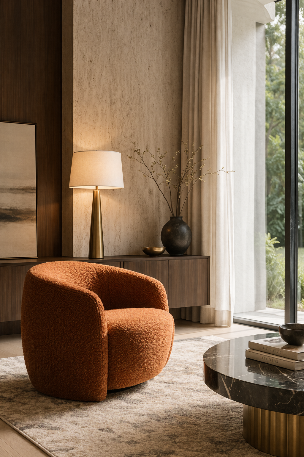Living room corner with a sculptural accent chair.