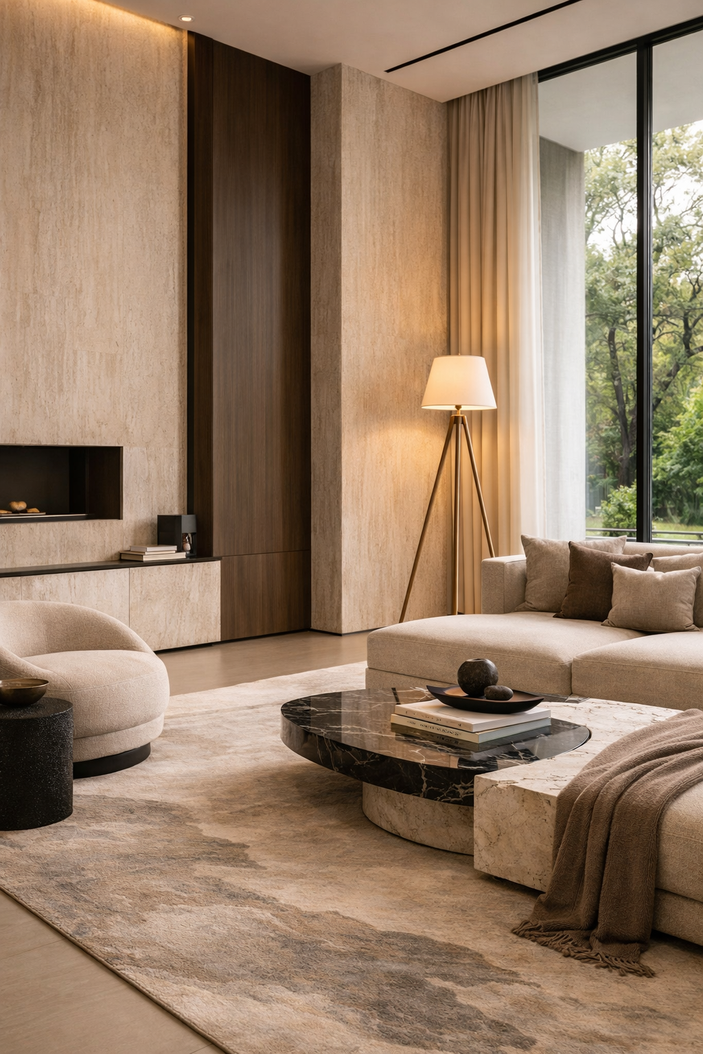 Living room corner with dramatic floor lamp