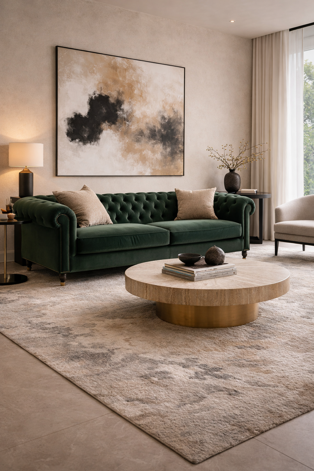 Living room with a deep button-tufted Chesterfield sofa in forest green velvet.