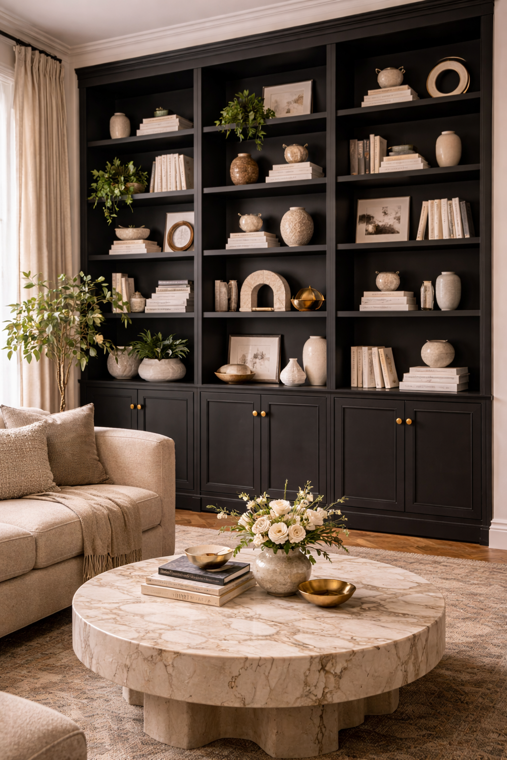 Living room with floor-to-ceiling dark bookcase styled with books, plants, and ceramics commanding the full wall