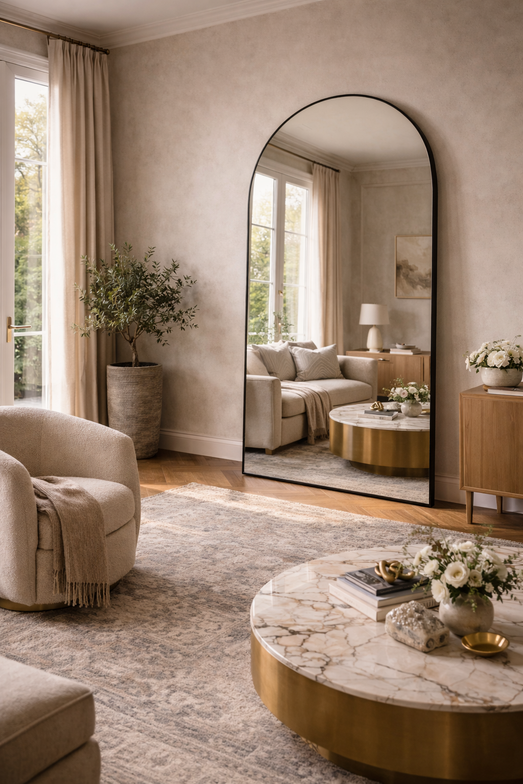 Living room with large floor mirror as dramatic focal point making the space feel larger