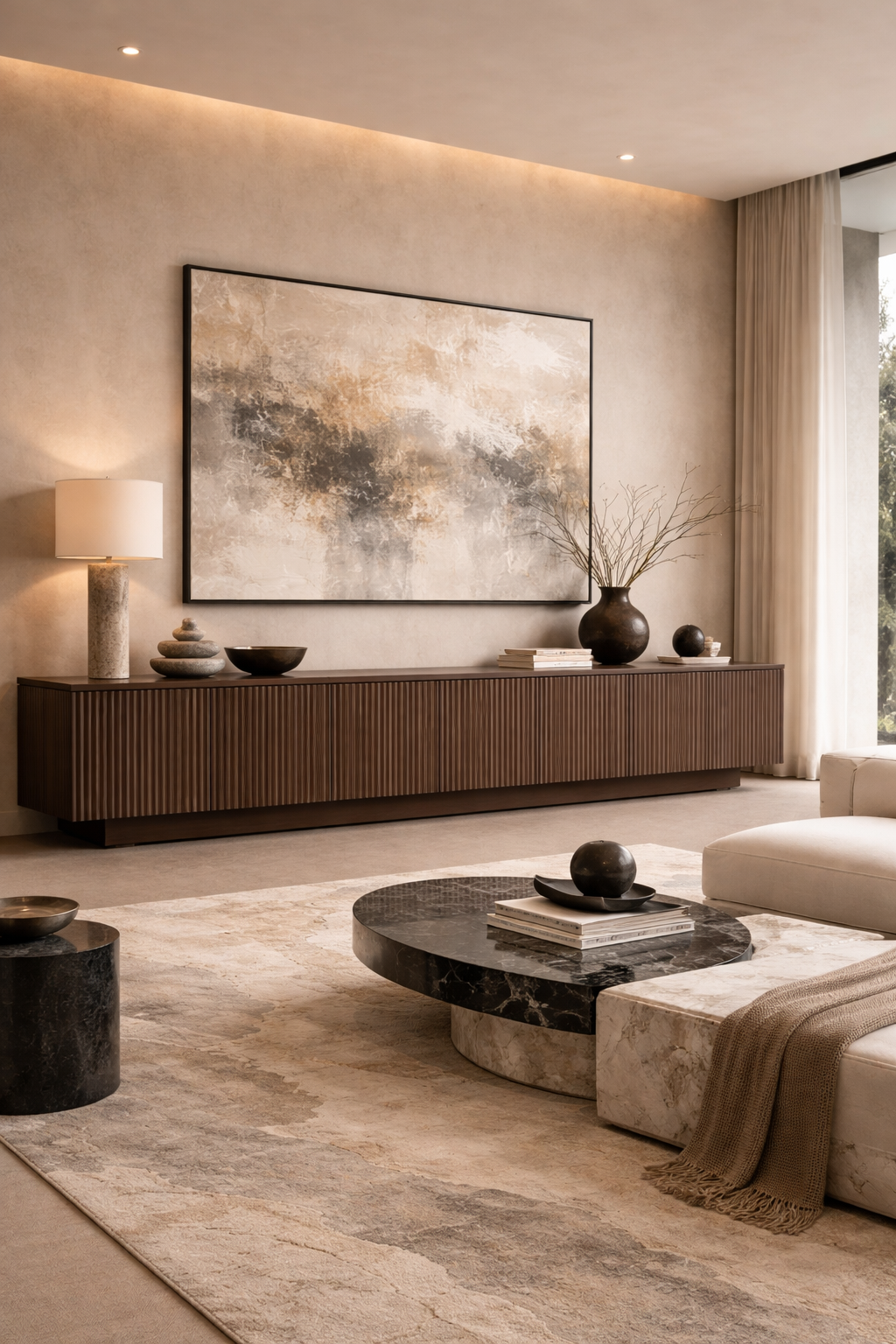 Living room with long low bold fluted wood sideboard commanding full wall width styled with art and curated objects