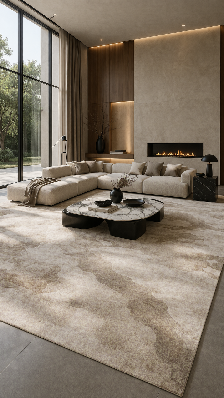 Living room with oversized bold geometric area rug anchoring entire seating arrangement