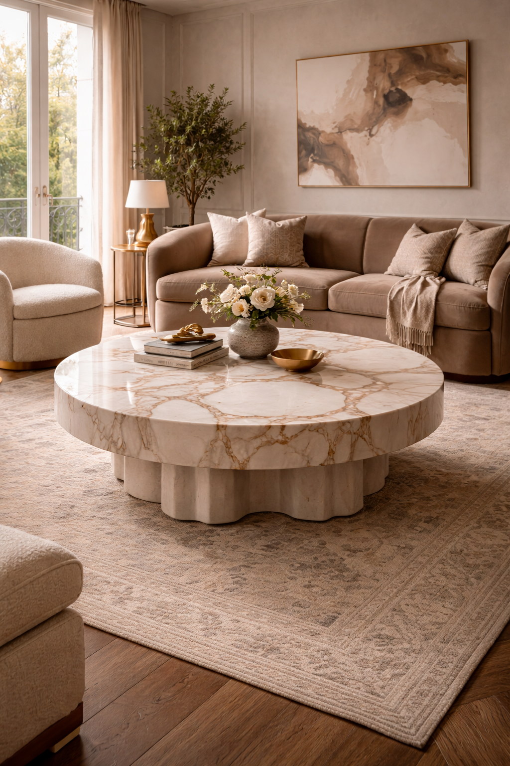Living room with oversized round marble coffee table on sculptural base as centerpiece of seating area