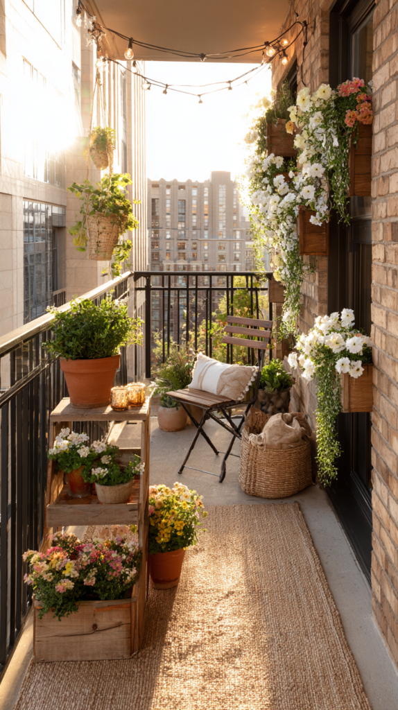 Lush small apartment balcony garden at golden hour with vertical planters, trailing vines, string lights, and cozy seating, budget-friendly renter-approved outdoor space, editorial home decor photography