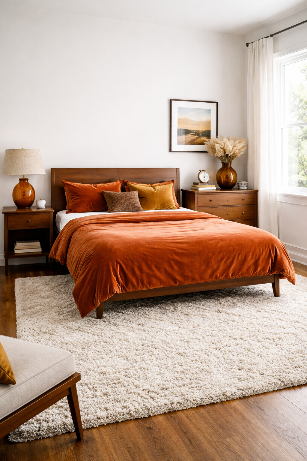 Mid-century modern bedroom with walnut wood dresser and nightstands on tapered legs against warm neutral walls