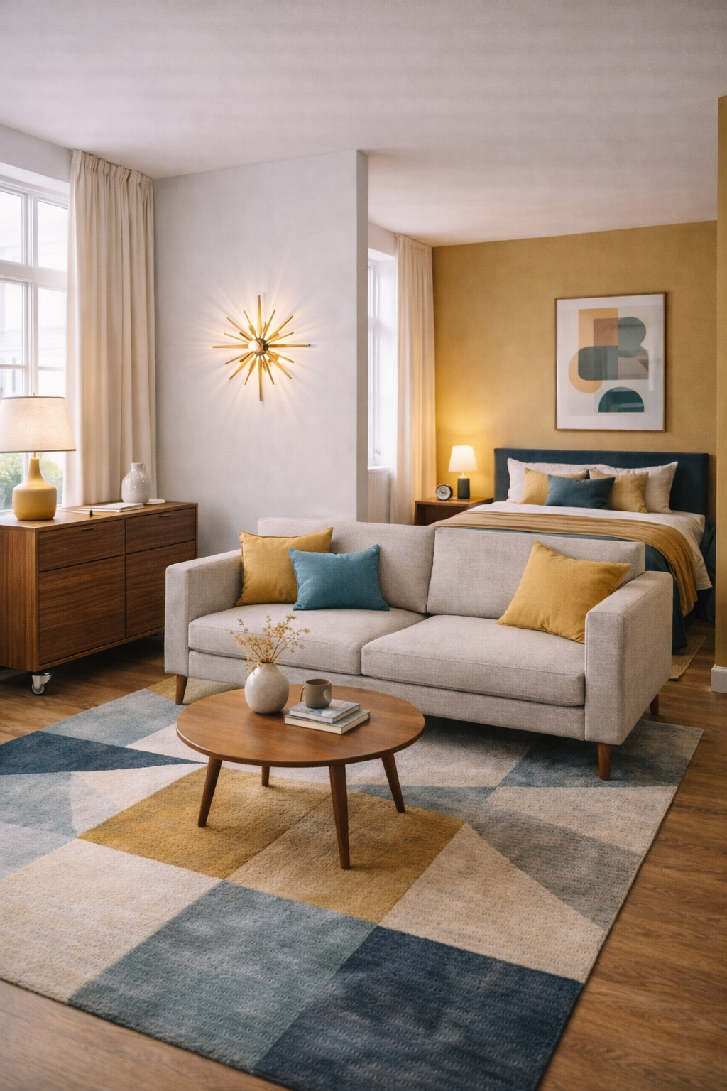 Mid-century studio with walnut credenza, tapered sofa, starburst sconce, and mustard and teal accents