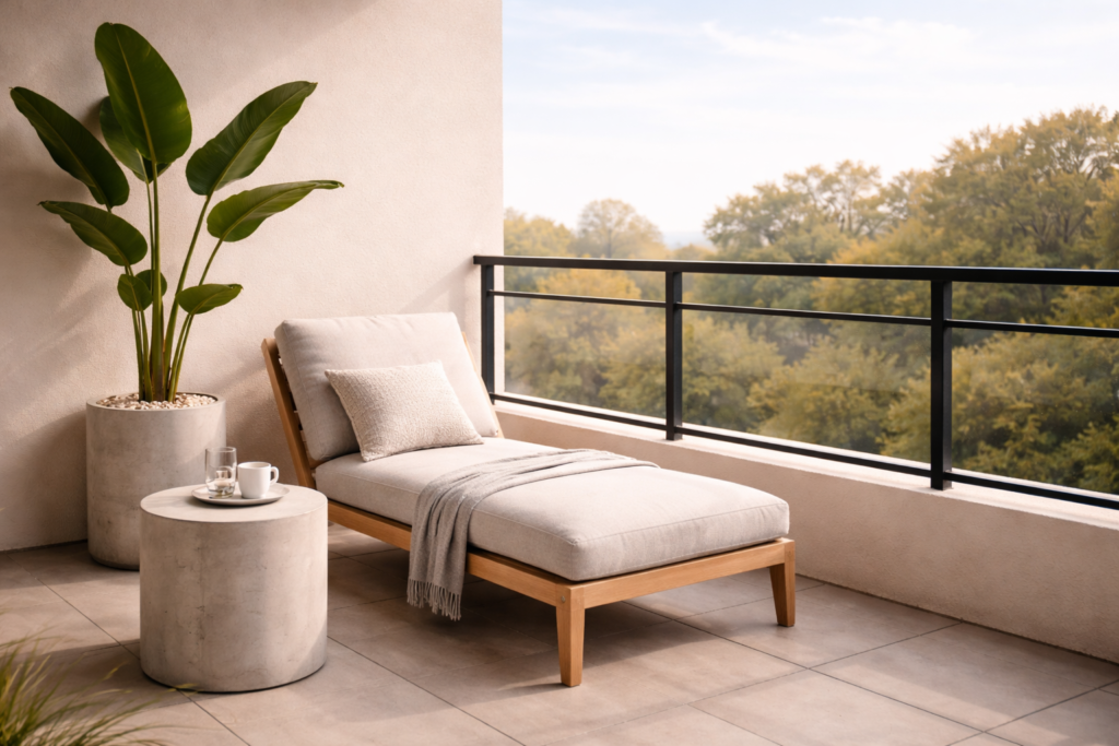 Minimalist small balcony with a single lounge chair, one tall plant, and a concrete side table.