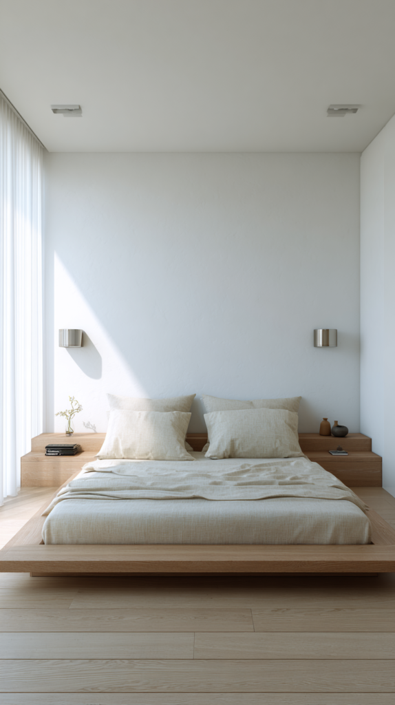 Minimalist bedroom with a low platform bed placed flush against the longest wall