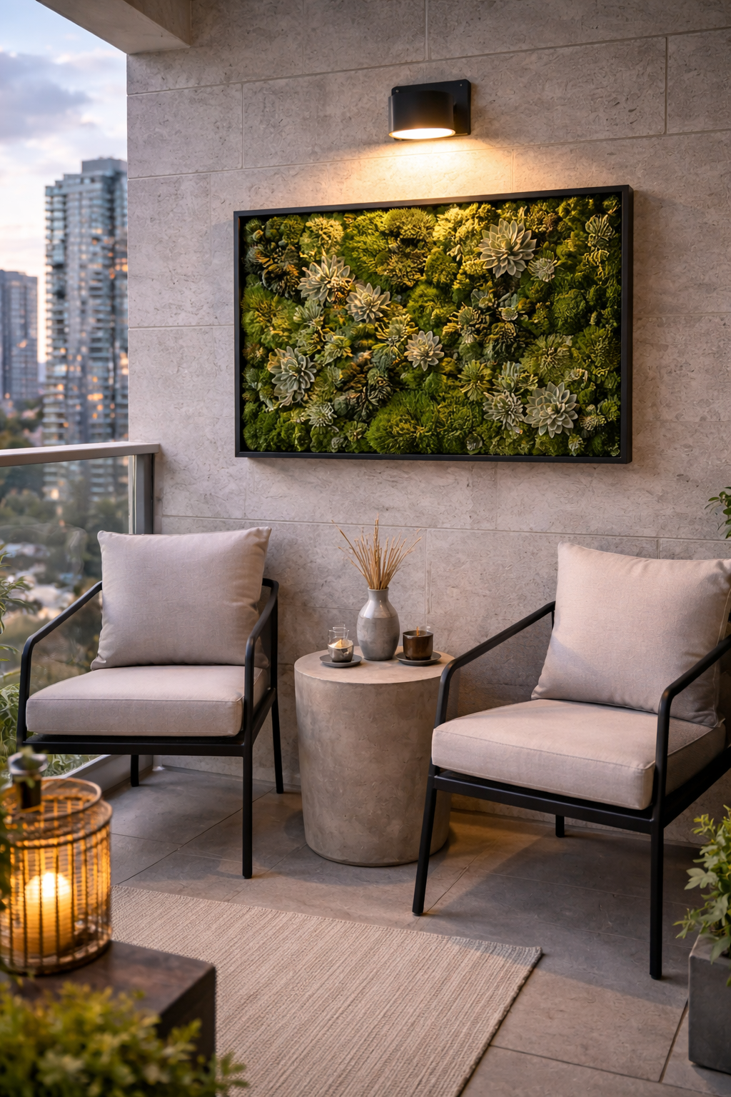 Modern balcony with succulent wall art