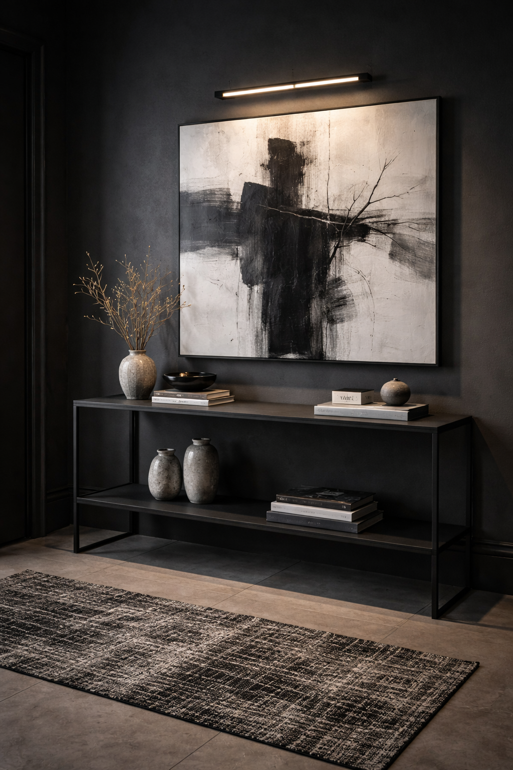 Modern monochrome entryway with art
