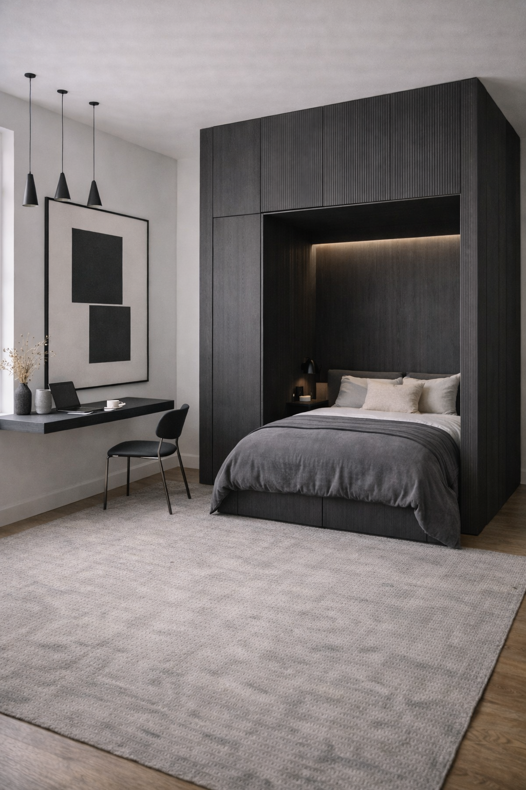 Monochrome studio with floor-to-ceiling charcoal wardrobe cube creating a recessed sleeping nook