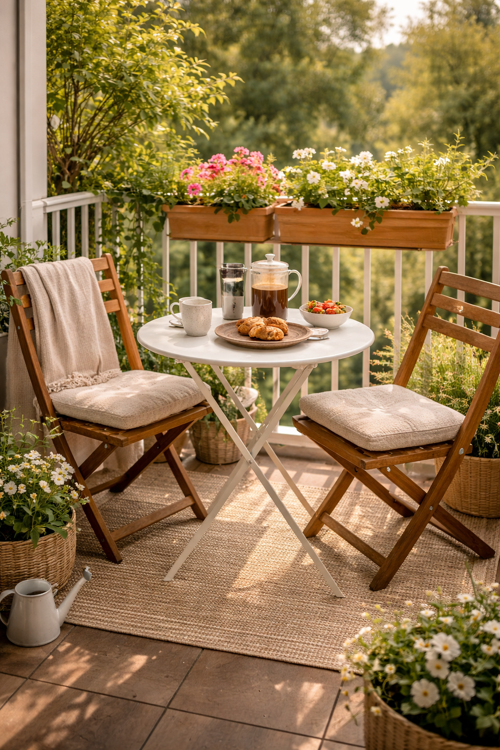 Tiny apartment balcony with a round bistro table and two folding chairs set up for morning coffee with plants on the railing. - Small Balcony Decor