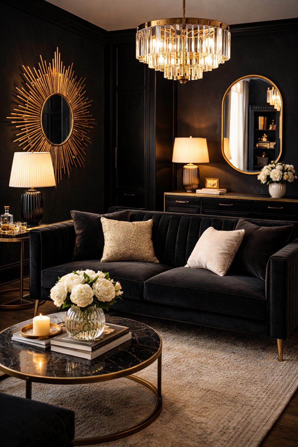 Neo-Deco room with black walls and gold brass accents in a dramatic modern glamorous interior palette