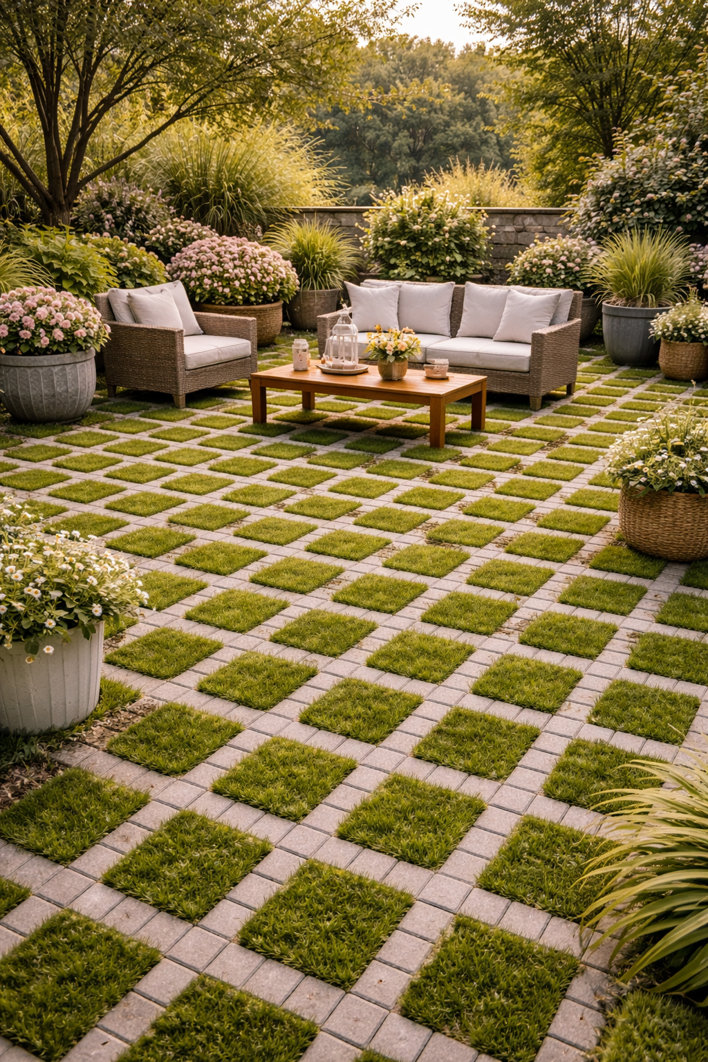 Open-grid grass pavers with green grass growing through the cells