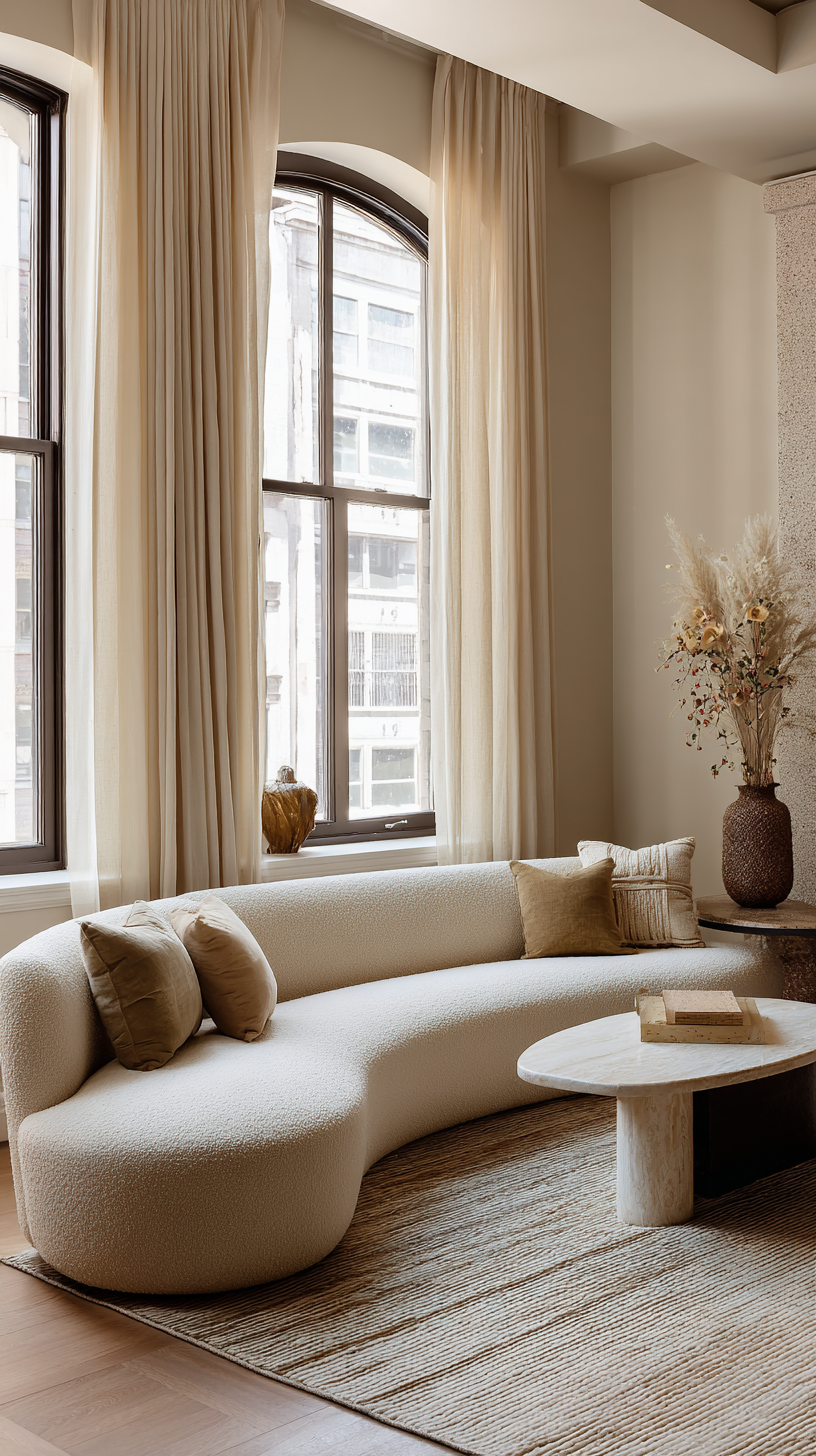 Organic modern beige living room with curved boucle sofa