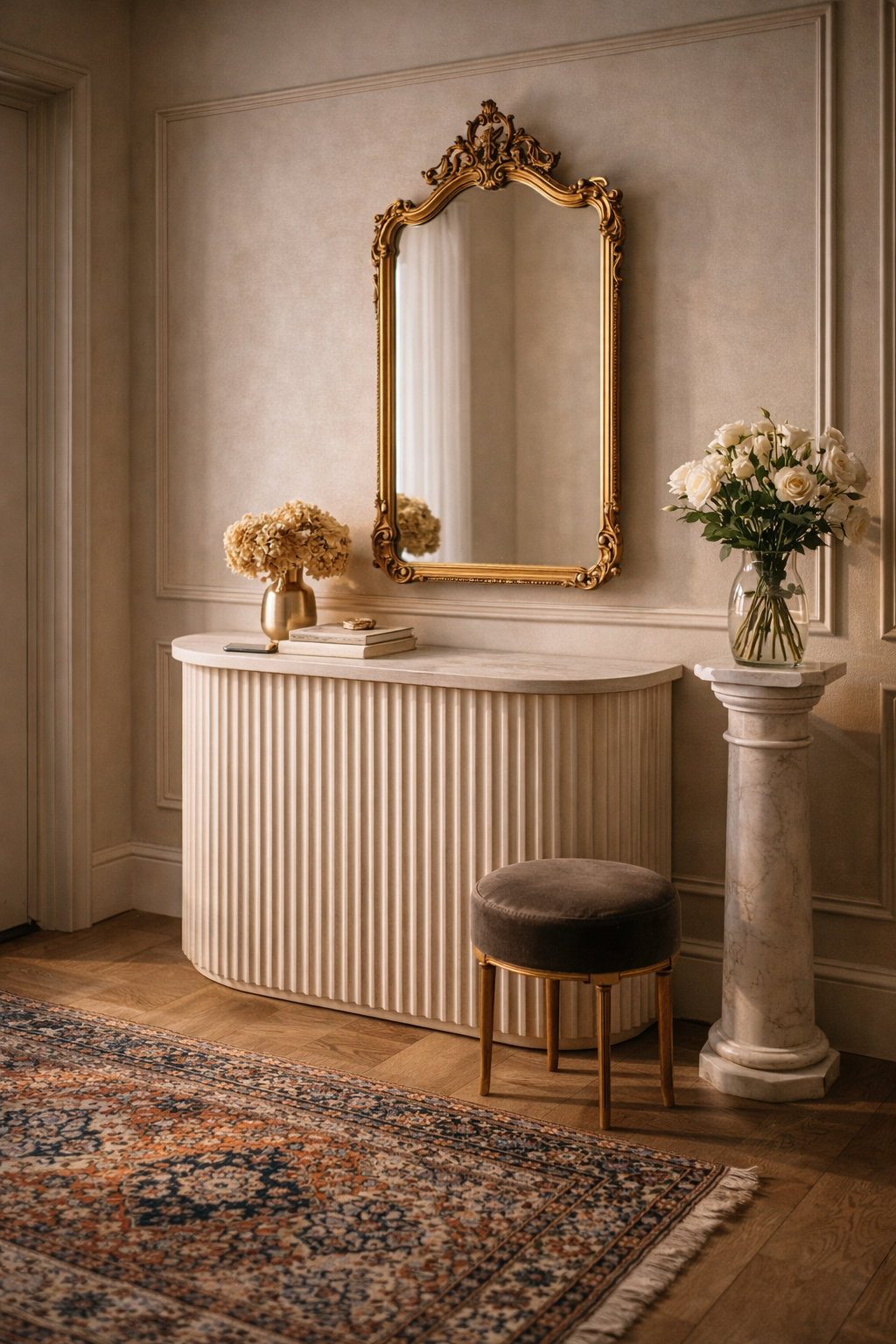 Parisian chic entryway with fluted console, ornate gold mirror, marble pedestal, and greige molding walls