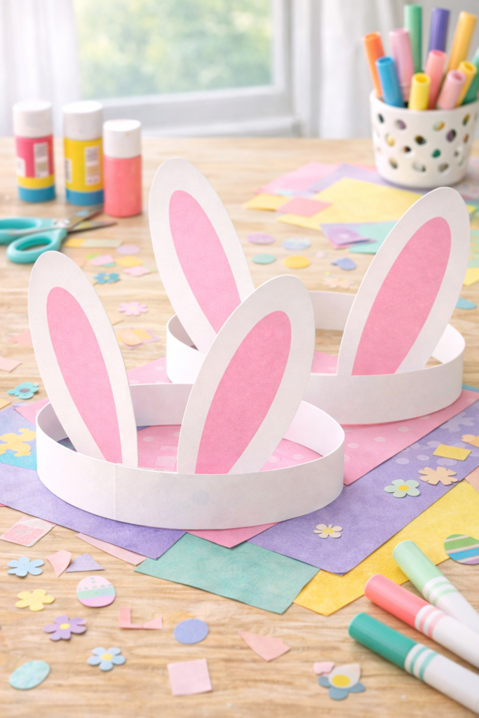 Pastel bunny ear headbands on craft table