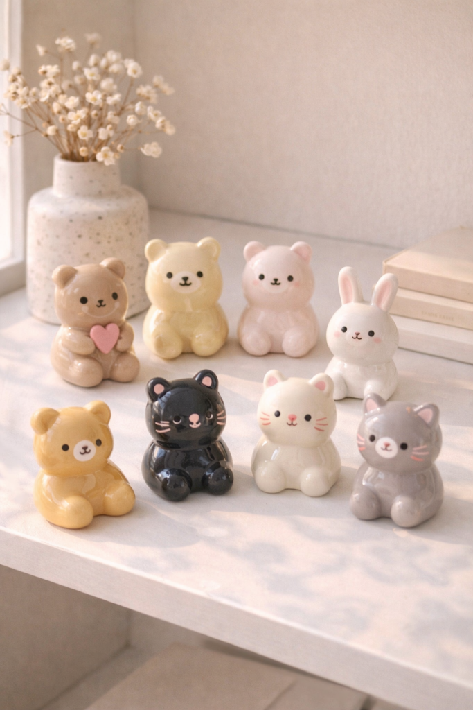 Pastel clay animal figurines on shelf