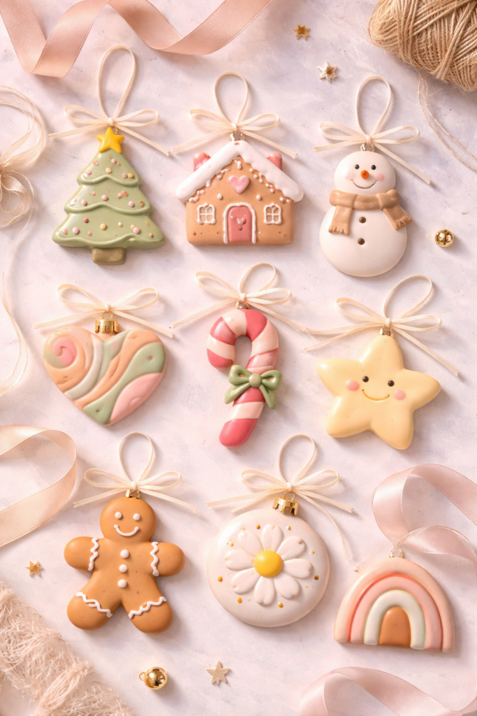 Pastel clay holiday ornaments display
