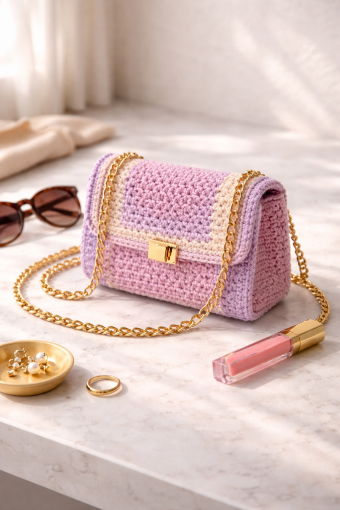 Pastel crochet bag with accessories