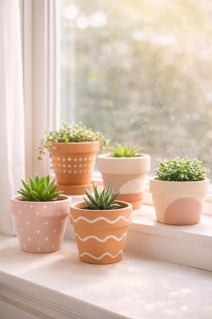 Pastel terracotta pots and green succulents