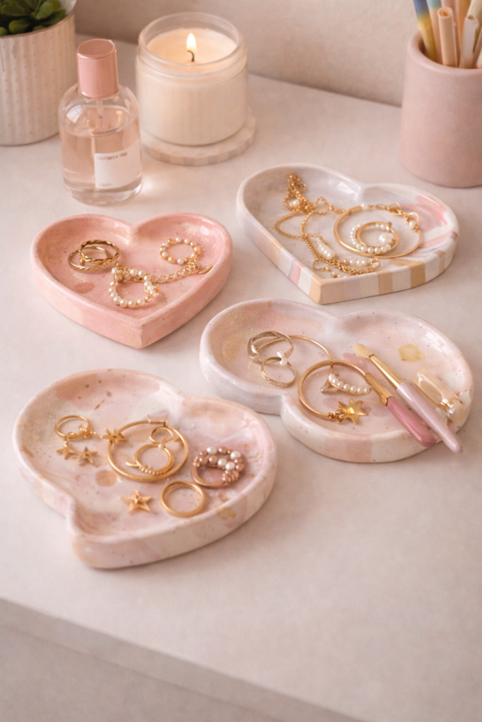 Pastel trinket trays with gold jewelry