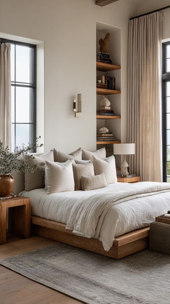 Perfectly composed bedroom combining a low platform bed, floating nightstands, large anchoring rug, warm neutral palette, vertical shelving, and soft curtains, the whole layout feeling calm, spacious, and intentional, every element working together, a room someone actually wants to wake up in every morning, editorial interior photography, highly detailed, photorealistic, magazine-quality styling