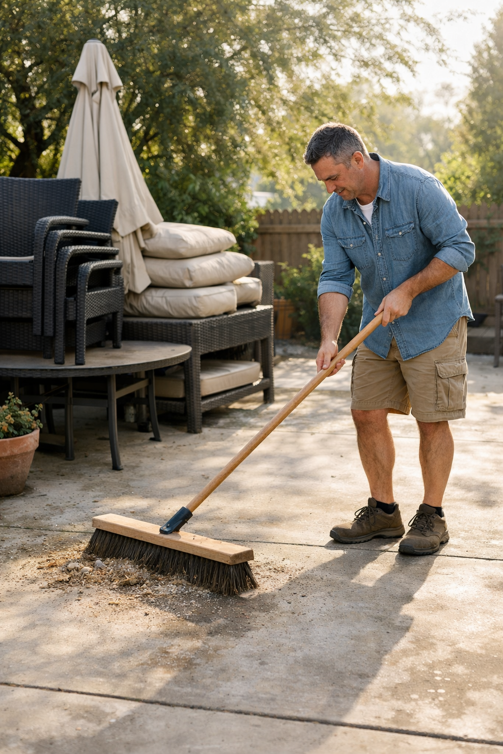 Person sweeping debris off a concrete patio with a stiff bristle push broom on a bright morning - concrete patio.