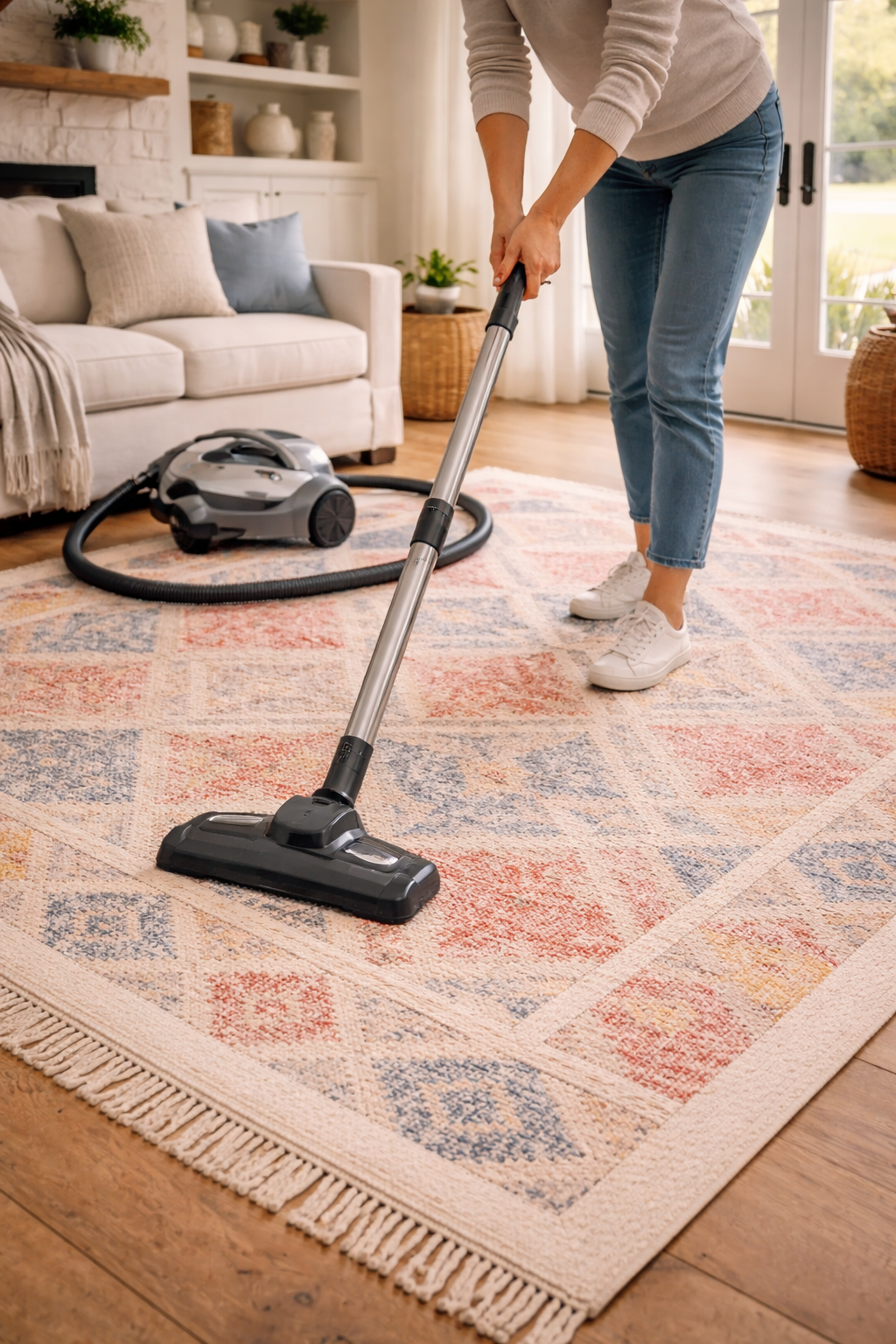 Person vacuuming both sides of a large area rug on hardwood floors in a bright living room