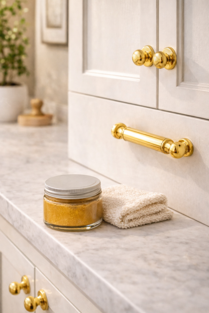 Polished brass cabinet hardware with paste wax and microfiber cloth for maintenance